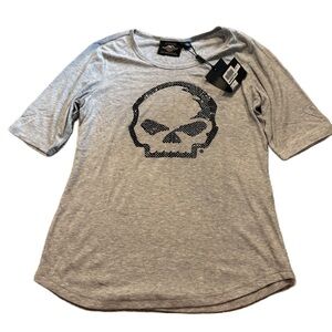 Harley Davidson WILLE G SKULL SCOOP NECK GRAPHIC TEE W/ RHINESTONES Gray NEW S